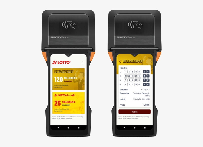 Terminal App Handheld mit Screen des Eurojackpot und Lotto 6aus49