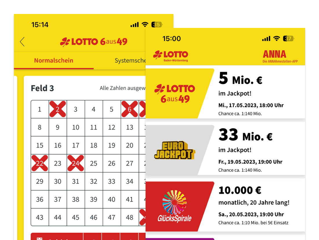 Lotto 6 aus 49 und Jackpot Screens der umgesetzten ANNA APP für die Staatliche Toto-Lotto GmbH Baden Württemberg
