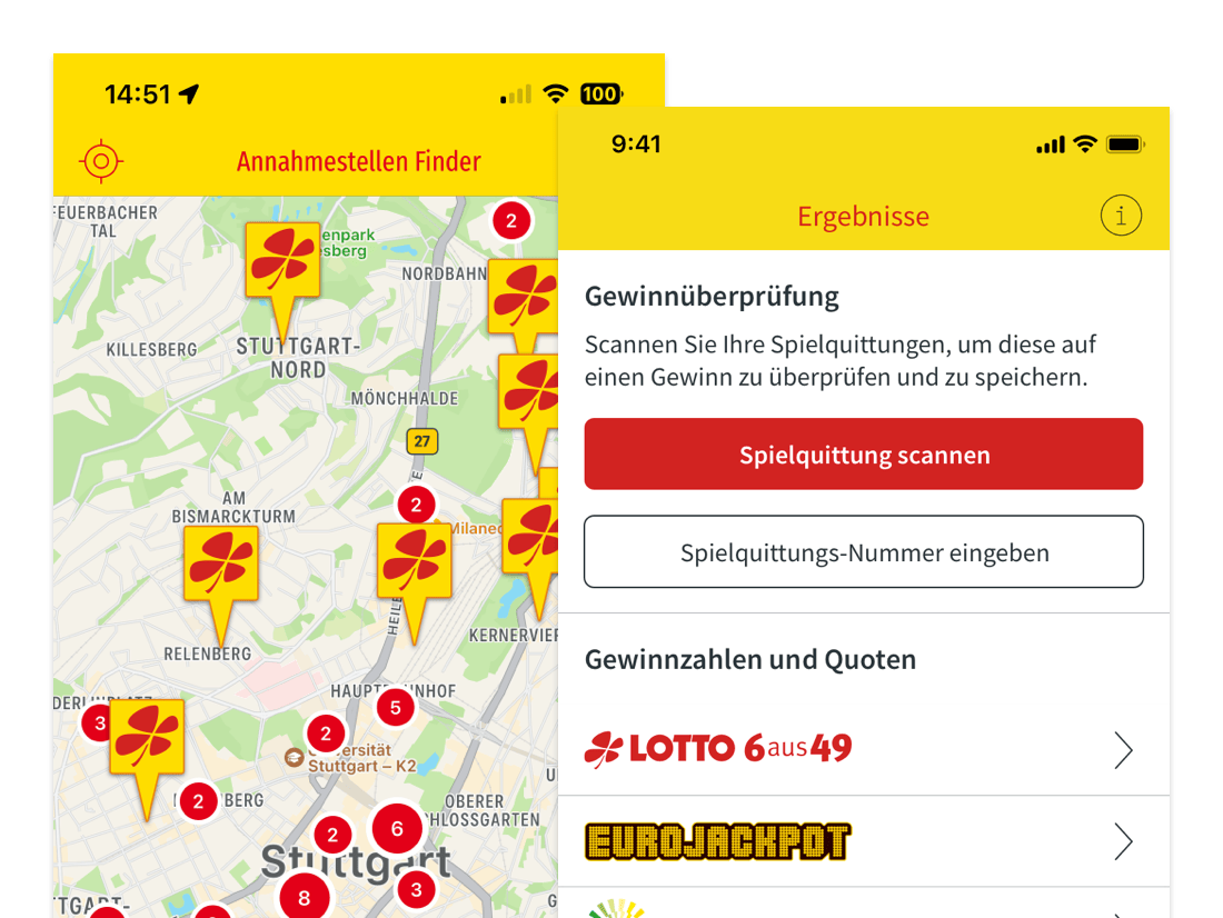 Gewinnüberprüfung und Gewinnzahlen und Annahmestellen Finder Screens der umgesetzten ANNA APP für die Staatliche Toto-Lotto GmbH Baden Württemberg